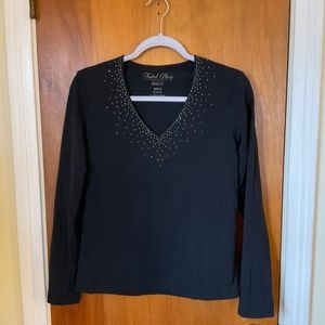 Faded Glory V-neck Stretch Perfect Fit Long Sleeve Embellished Top Black Sz M